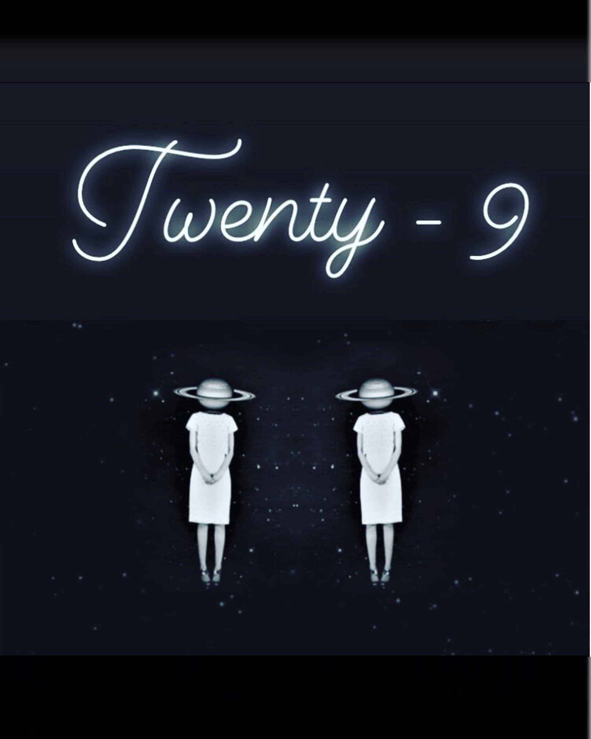 Twenty-9 title card: neon lettering above two small figures with rings